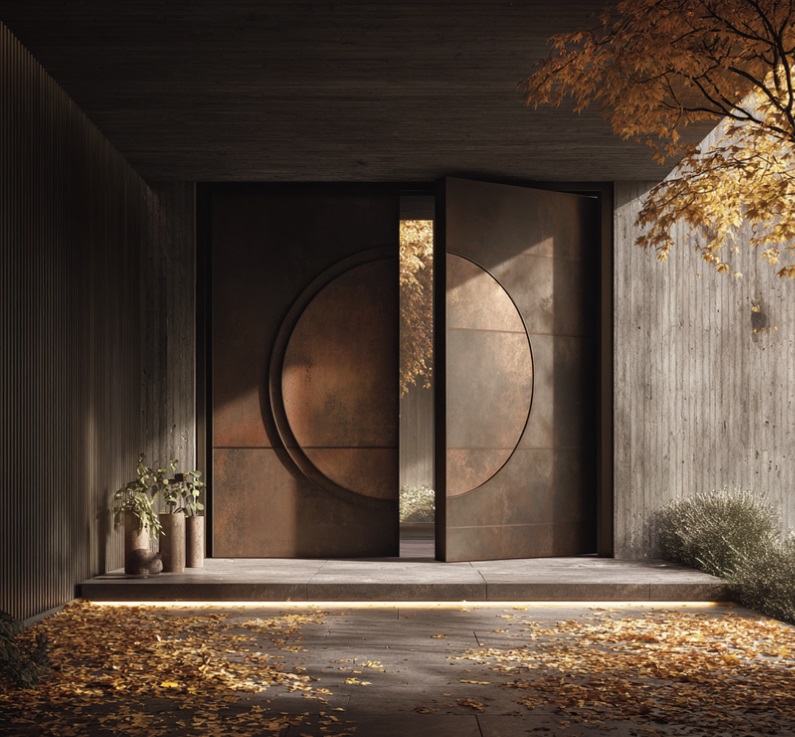 Nowoczesne brązowe drzwi wejściowe pivot ROKA Doors – elegancja i stabilność w architekturze współczesnej